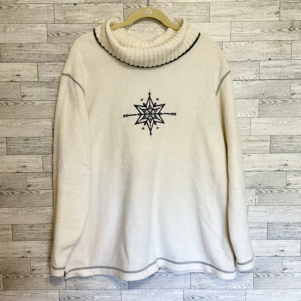 Basic Editions Womens Oversized Turtleneck Sweater Ivory w/Black Stitching SZ-1X